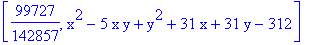 [99727/142857, x^2-5*x*y+y^2+31*x+31*y-312]
